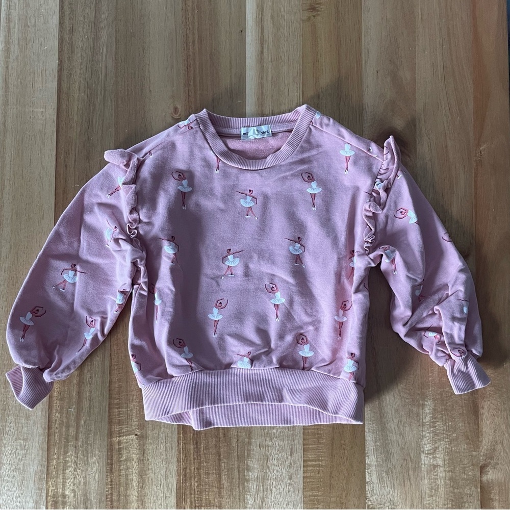 Miles the Label Pink Crew Neck Ruffle Hoodie Ballerina Print on Rose Sweatshirt - Picture 1 of 5